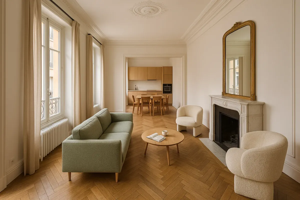 Séjour haussmannien rénové, parquet à bâtons rompus, cheminée en marbre et cuisine ouverte au fond