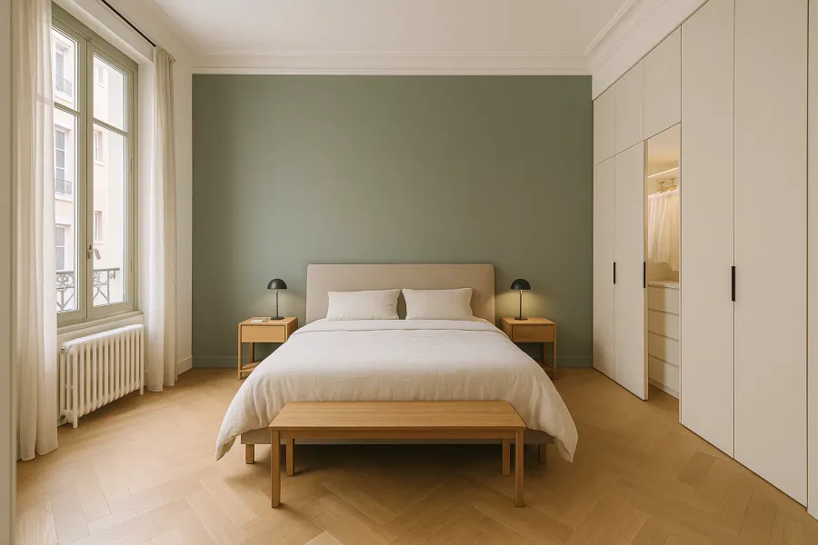Chambre meublée, mur de tête de lit peint vert de gris, corniche et dressing blanc toute hauteur