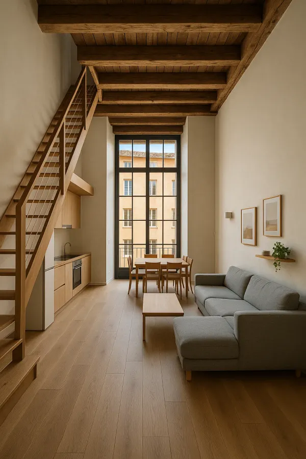 Appartement canut rénové, mezzanine en bois, grande fenêtre d’atelier