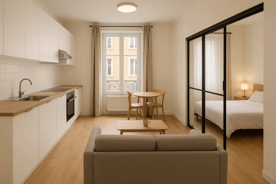 Cuisine linéaire ouverte sur le séjour d’un appartement rénové, table ronde et canapé face à la fenêtre
