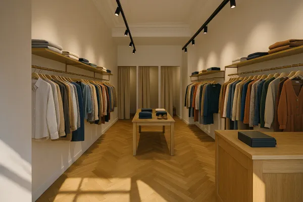 Boutique de prêt-à-porter rénovée, portants laiton, table centrale et parquet en chevrons