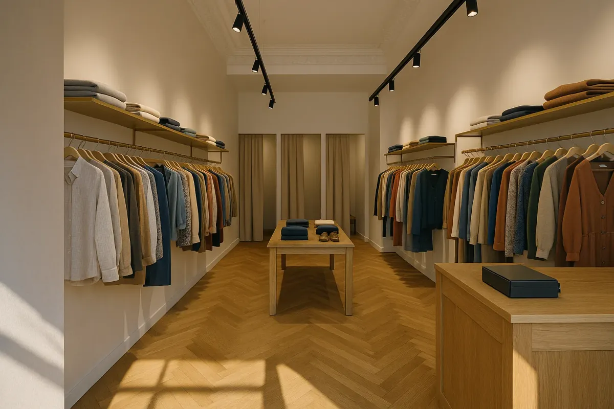 Boutique de prêt-à-porter rénovée, portants laiton, table centrale et parquet en chevrons