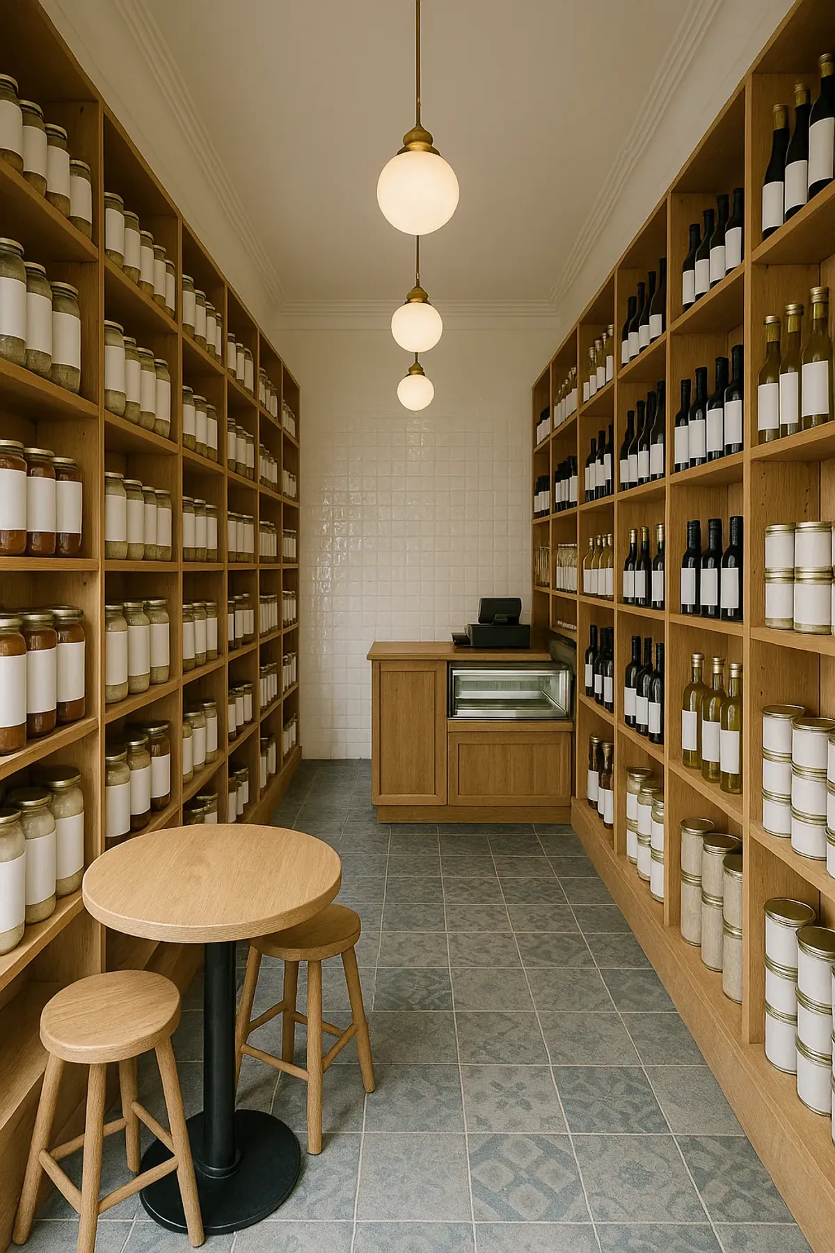 Épicerie rénovée, rayonnages en chêne toute hauteur, comptoir en chêne et petite vitrine réfrigérée