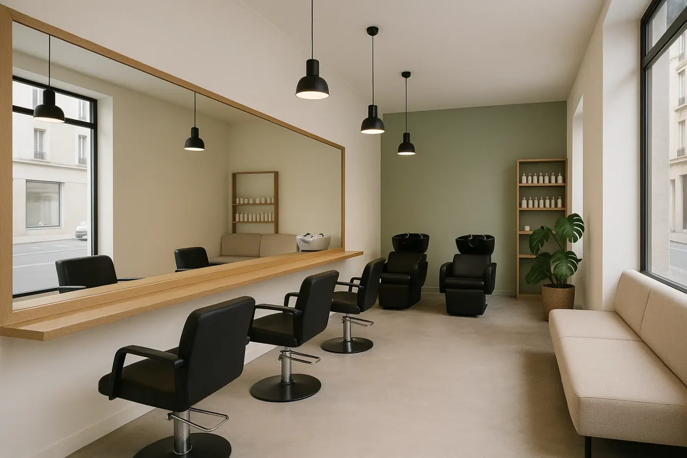 Salon de coiffure rénové, trois postes face à un grand miroir et bacs de lavage