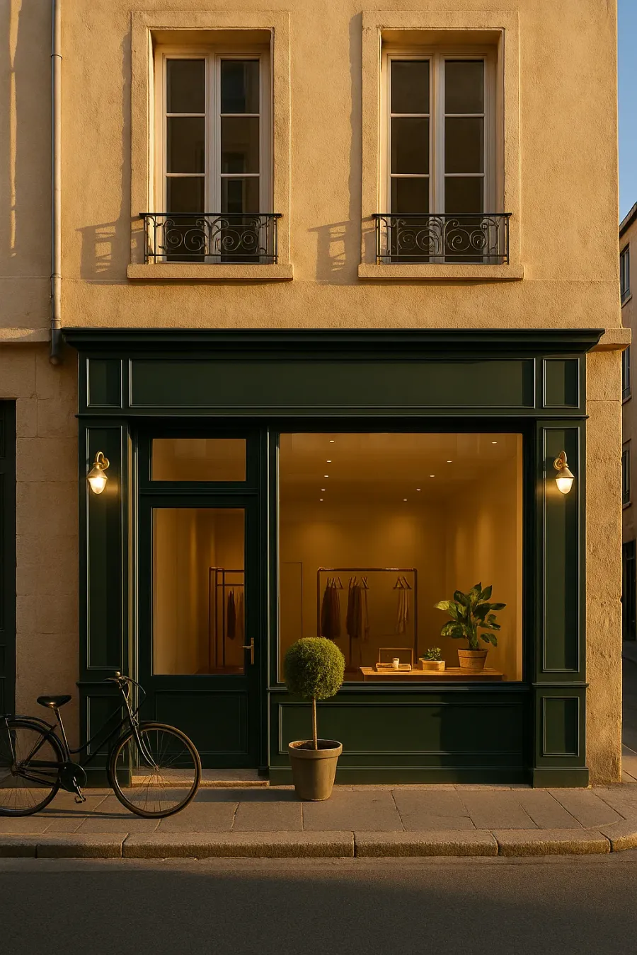 Devanture de boutique rénovée, menuiserie vert foncé et vitrine toute hauteur éclairée