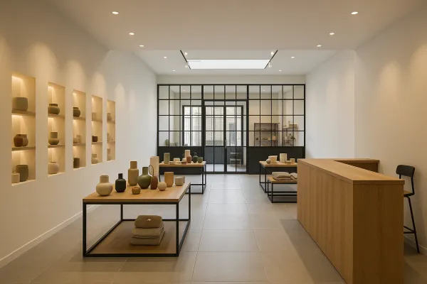 Showroom rénové, niches murales éclairées et verrière vers l’arrière-boutique