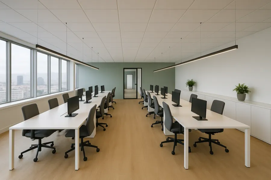 Open space rénové, faux plafond acoustique, suspensions linéaires et mur du fond peint vert sauge