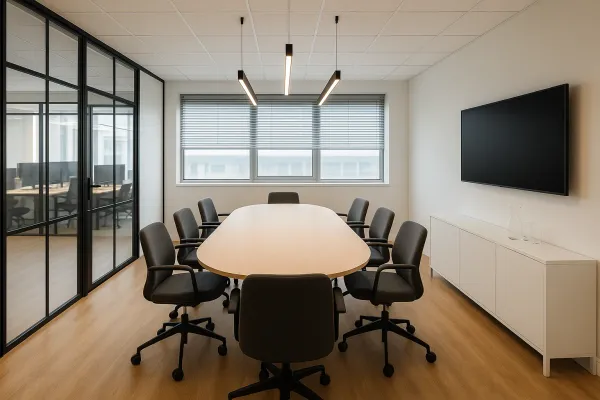 Salle de réunion rénovée, verrière d’atelier noire et table ovale en chêne