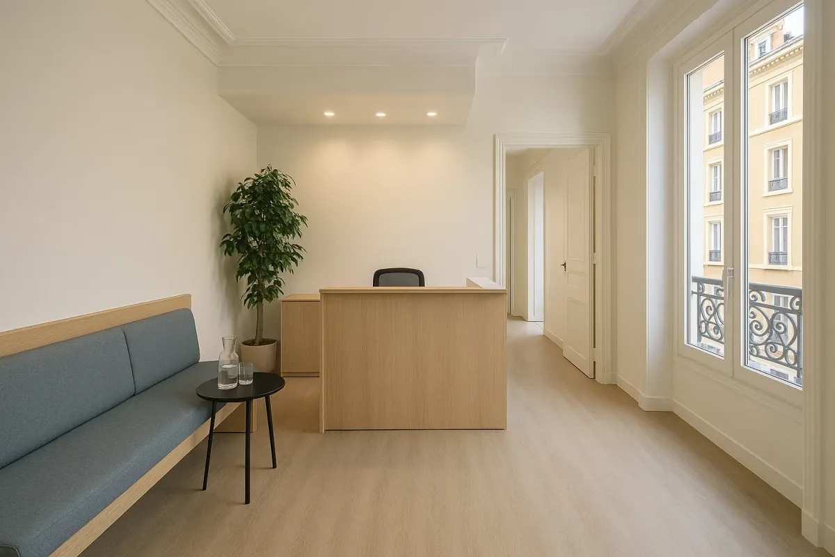 Accueil d’un cabinet rénové, banque d’accueil en bois clair et banquette d’attente