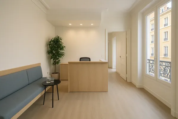 Accueil d’un cabinet rénové, banque d’accueil en bois clair et banquette d’attente