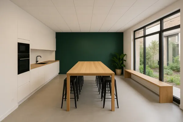 Cuisine d’entreprise rénovée, table haute en chêne et mur d’accent vert profond
