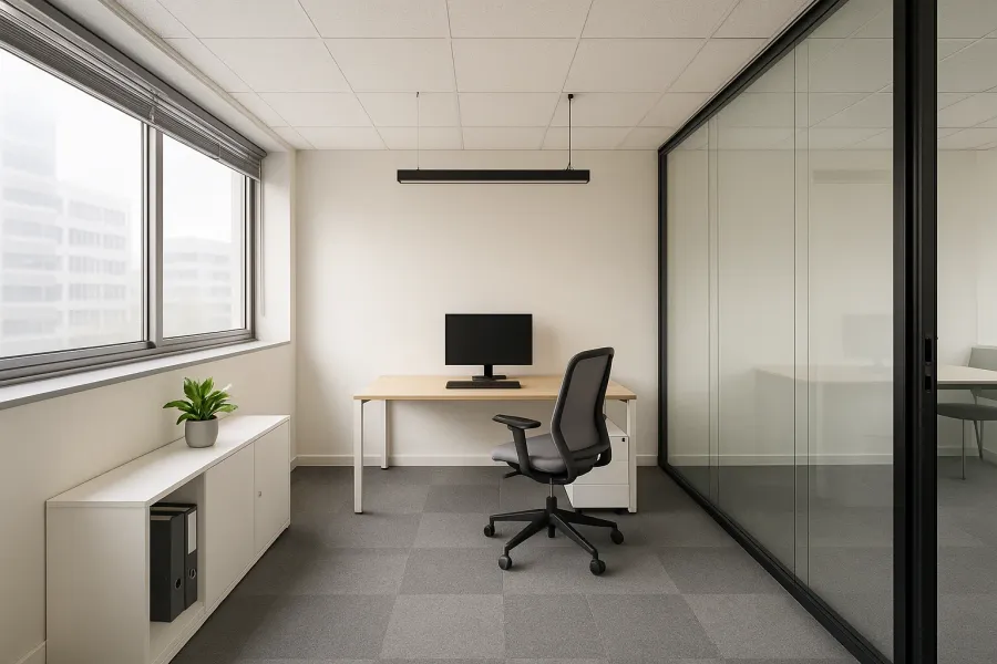 Bureau individuel rénové derrière des cloisons vitrées, fenêtre latérale et rangements bas