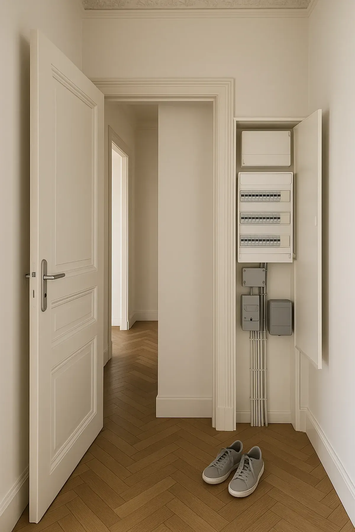 Tableau électrique neuf dans un placard technique d’entrée, disjoncteurs alignés