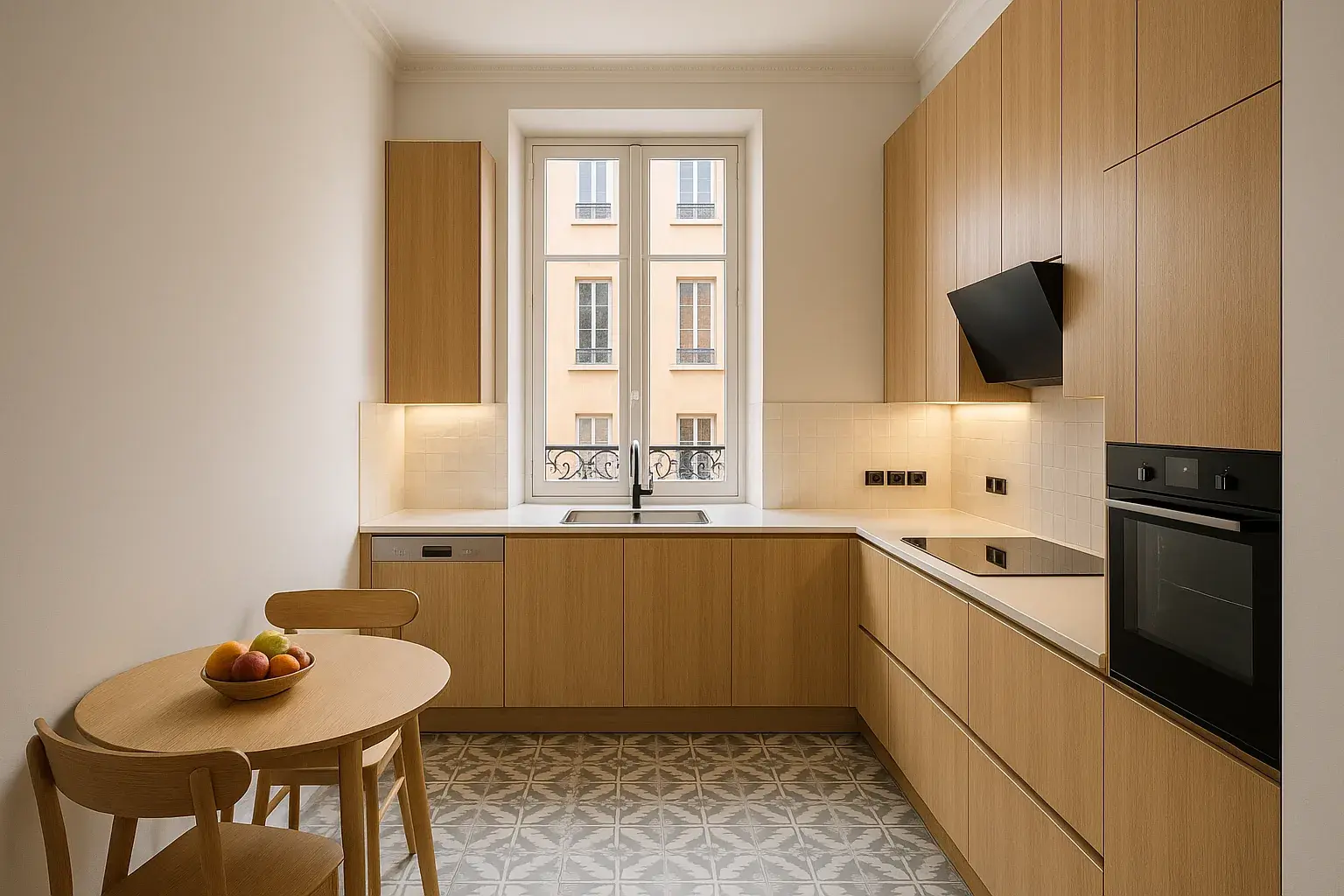 Cuisine rénovée, prises encastrées dans la crédence et éclairage LED sous les meubles hauts
