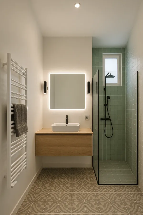 Salle de bain rénovée, miroir rétroéclairé entre deux appliques noires