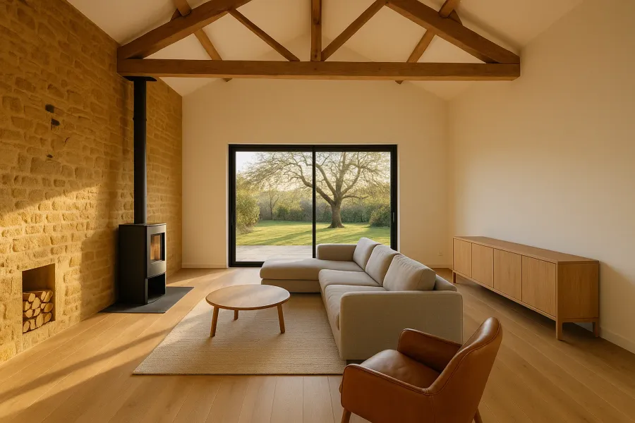 Séjour de maison rénové, mur en pierre apparente laissé respirant, poêle à bois et charpente