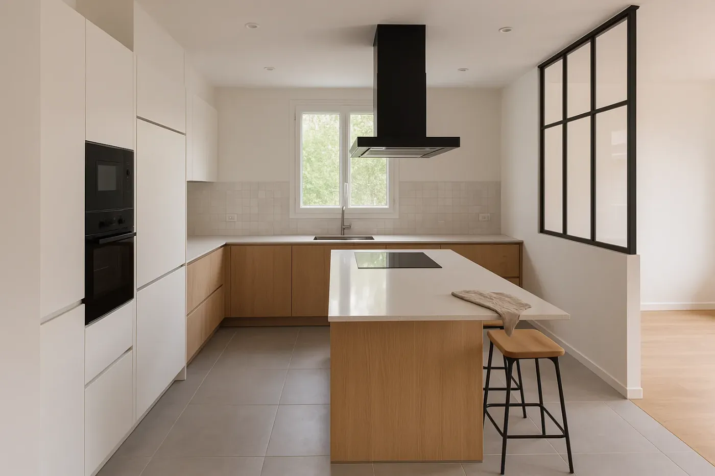 Cuisine de maison rénovée, îlot central et verrière d’atelier noire