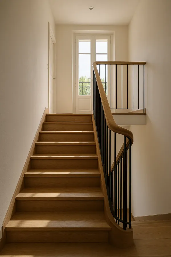 Escalier de maison rénové, marches en chêne et garde-corps à barreaux noirs