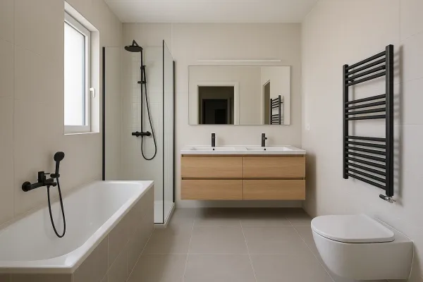 Salle de bain familiale rénovée, baignoire, douche vitrée et double vasque sur meuble bois