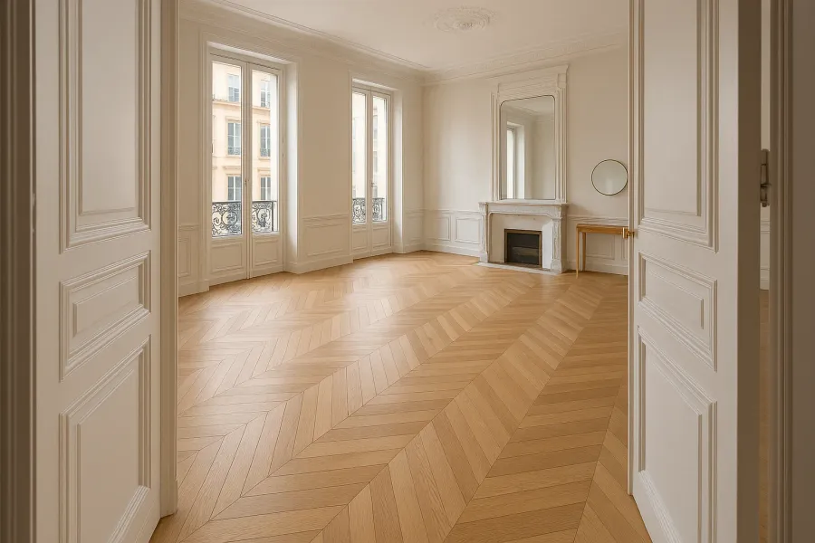 Séjour haussmannien vide ouvert par une double porte, parquet point de Hongrie et lumière des portes-fenêtres
