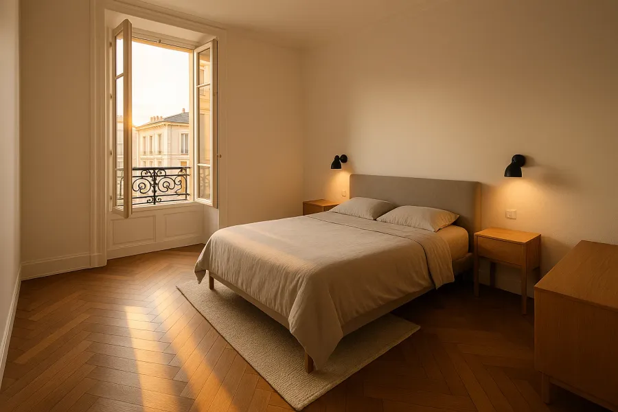 Parquet à bâtons rompus en chêne fumé dans une chambre rénovée