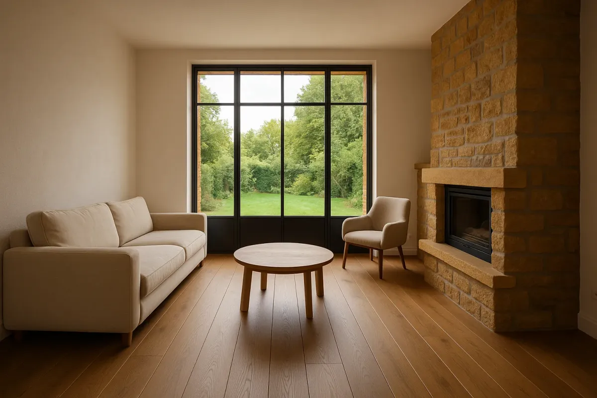 Séjour de maison rénové, parquet large lame huilé, baie vitrée sur le jardin et cheminée en pierre dorée