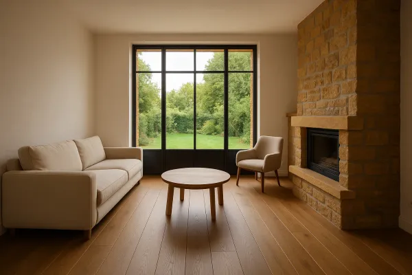 Parquet massif large lame huilé dans un séjour avec cheminée en pierre dorée