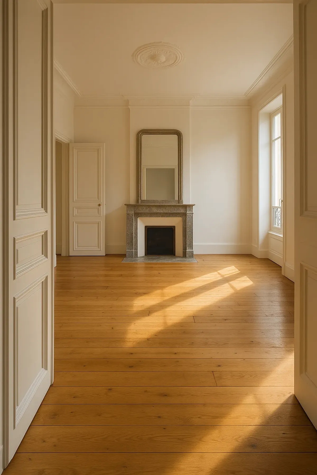 Parquet ancien restauré, poncé et vitrifié, devant une cheminée en marbre