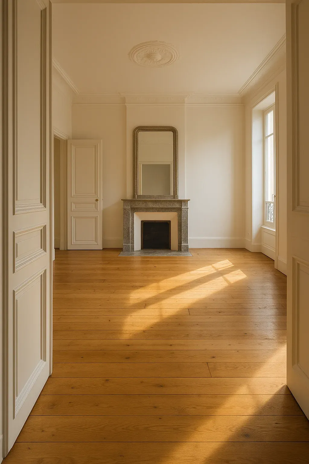 Parquet ancien restauré, poncé et vitrifié, devant une cheminée en marbre