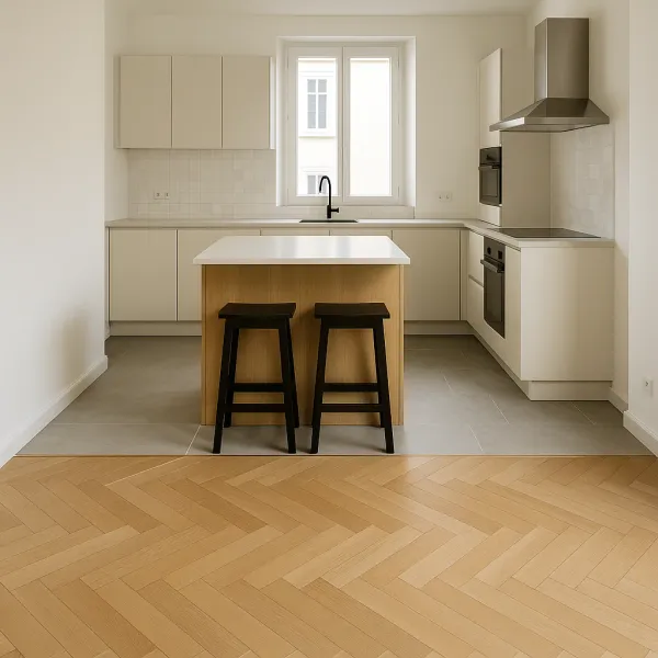 Jonction entre parquet en chevrons et carrelage de cuisine, îlot central