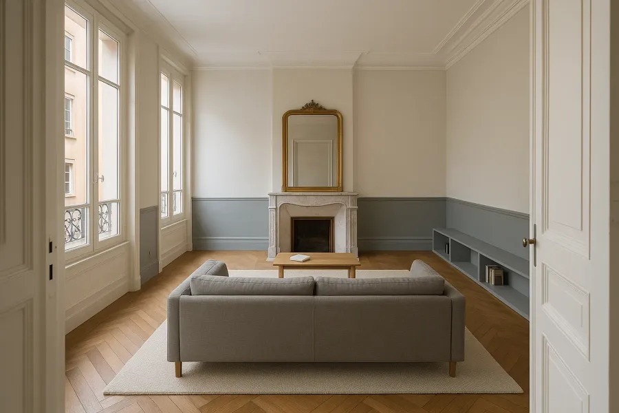 Séjour d’appartement repeint, murs blanc cassé, soubassement bleu gris et parquet point de Hongrie