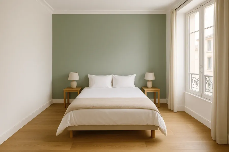 Chambre repeinte, mur de tête de lit vert sauge et murs blancs