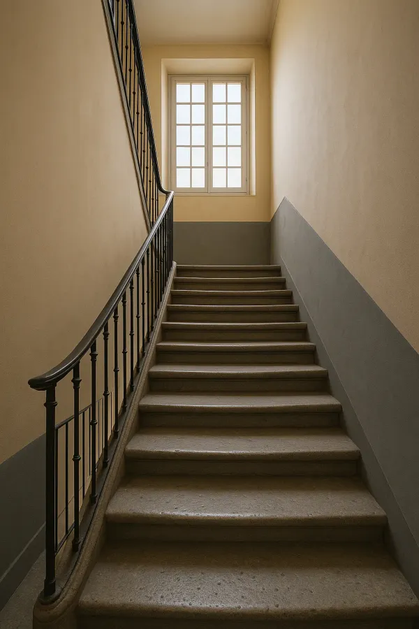 Cage d’escalier de copropriété repeinte, soubassement gris et rampe en fer forgé noire