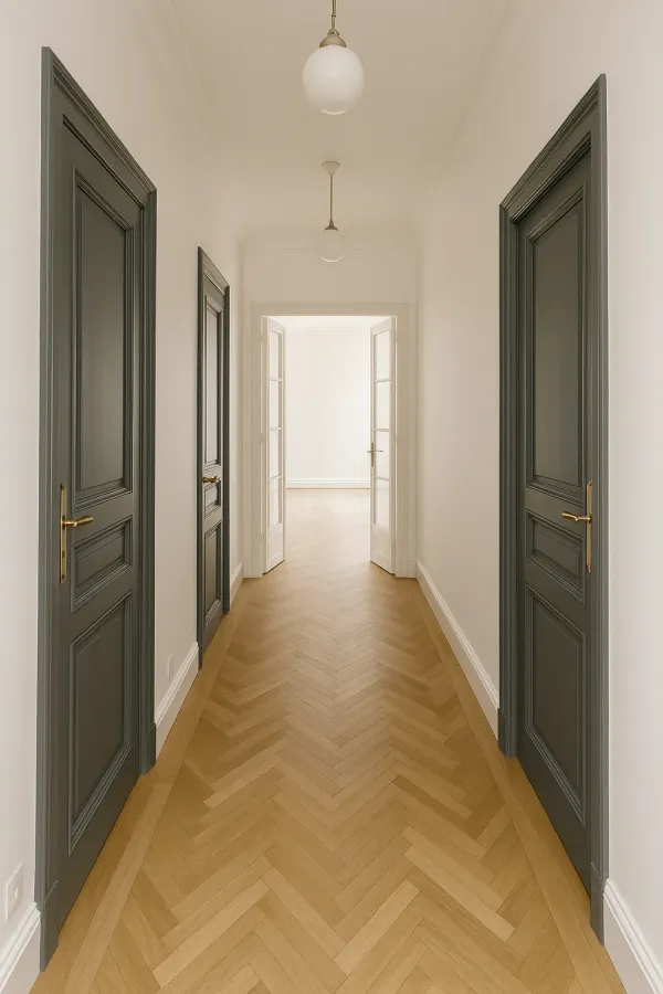 Couloir d’appartement repeint, portes anciennes gris profond et poignées laiton