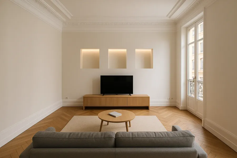 Séjour haussmannien, cloison en plâtre à niches encastrées éclairées, parquet à bâtons rompus