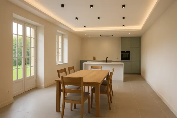 Pièce à vivre avec faux plafond en plâtre, spots et corniche lumineuse