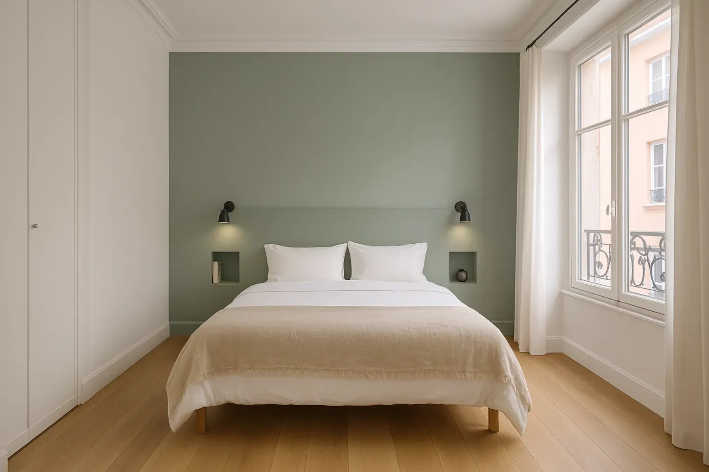 Chambre avec tête de lit en plâtre et niches de chevet encastrées