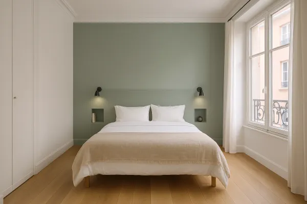 Chambre avec tête de lit en plâtre et niches de chevet encastrées