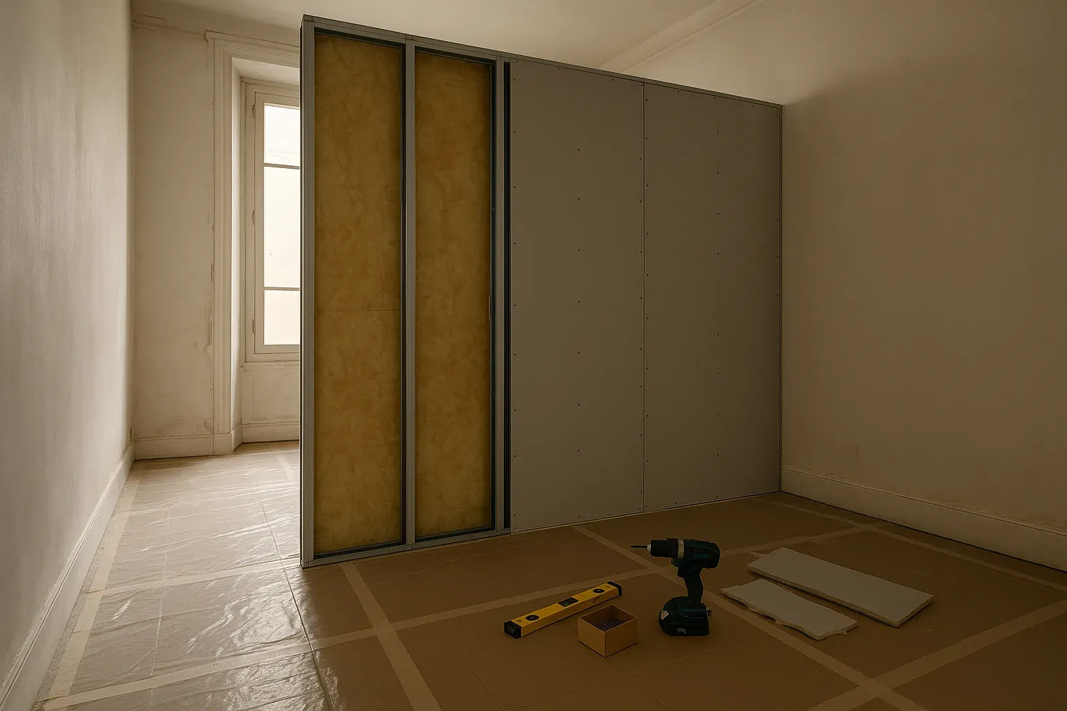 Chantier de plâtrerie en cours, ossature métallique et plaques de plâtre à moitié posées