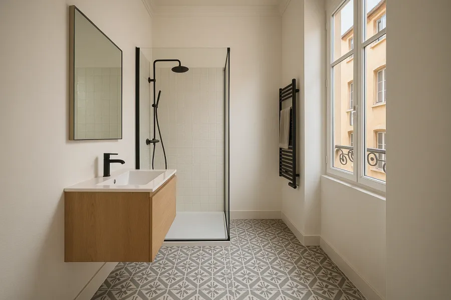 Salle de bain rénovée, robinetterie noire mate, douche vitrée et meuble vasque suspendu