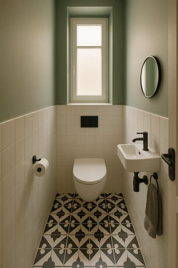 WC suspendu habillé, lave-mains et mur vert