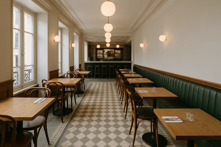 Salle de restaurant rénovée, banquettes en cuir vert, tables en chêne et carreaux de ciment