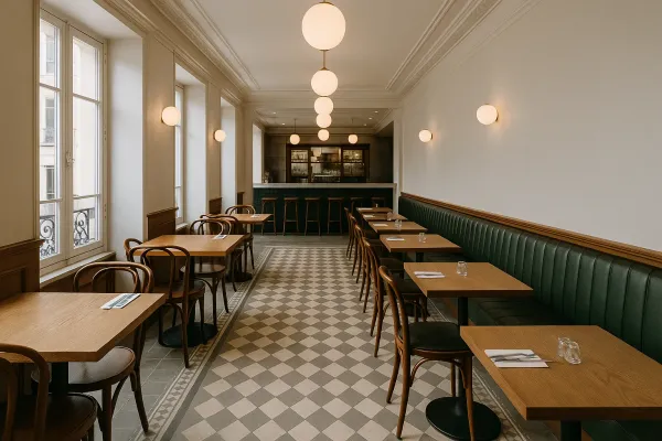 Salle de restaurant rénovée, banquettes en cuir vert, tables en chêne et carreaux de ciment