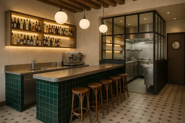 Bar de restaurant rénové, comptoir à façade carrelée verte et verrière vers la cuisine