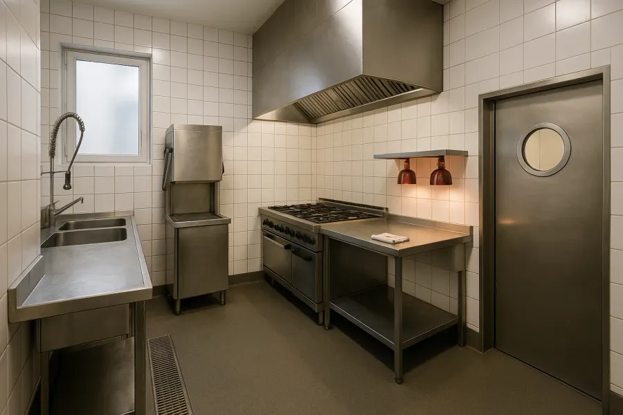Cuisine professionnelle rénovée, piano de cuisson sous hotte inox et plans de travail