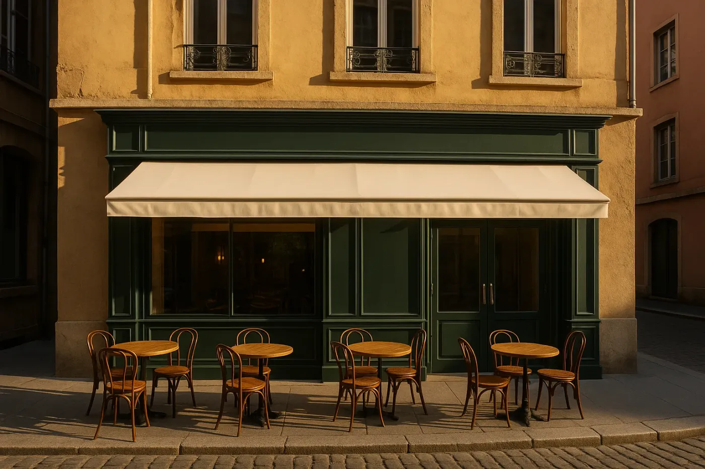 Devanture de restaurant rénovée, store banne, menuiseries vertes et terrasse sur le trottoir