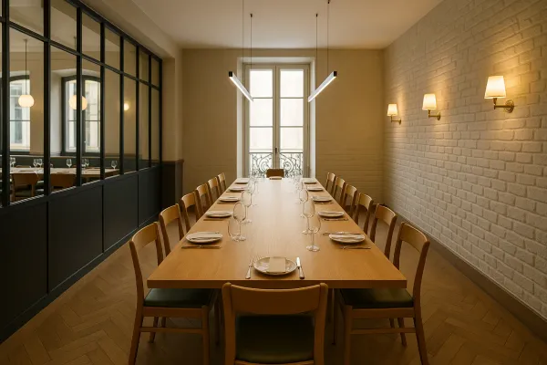 Salle privative de restaurant, grande table en chêne, briques peintes et verrière
