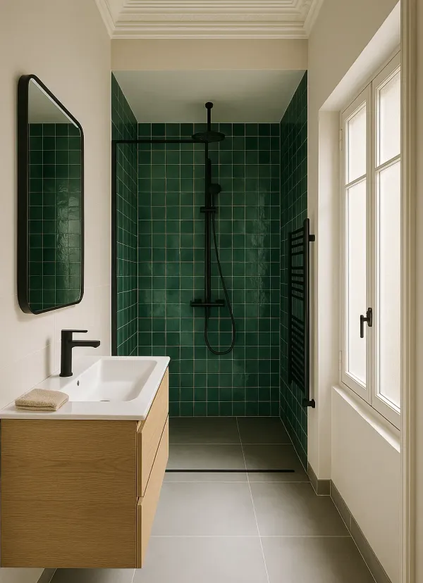 Salle de bain rénovée, douche à l’italienne en zellige vert et meuble vasque en chêne suspendu