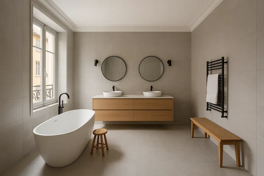 Grande salle de bain rénovée, baignoire îlot devant la fenêtre et double vasque sur meuble chêne