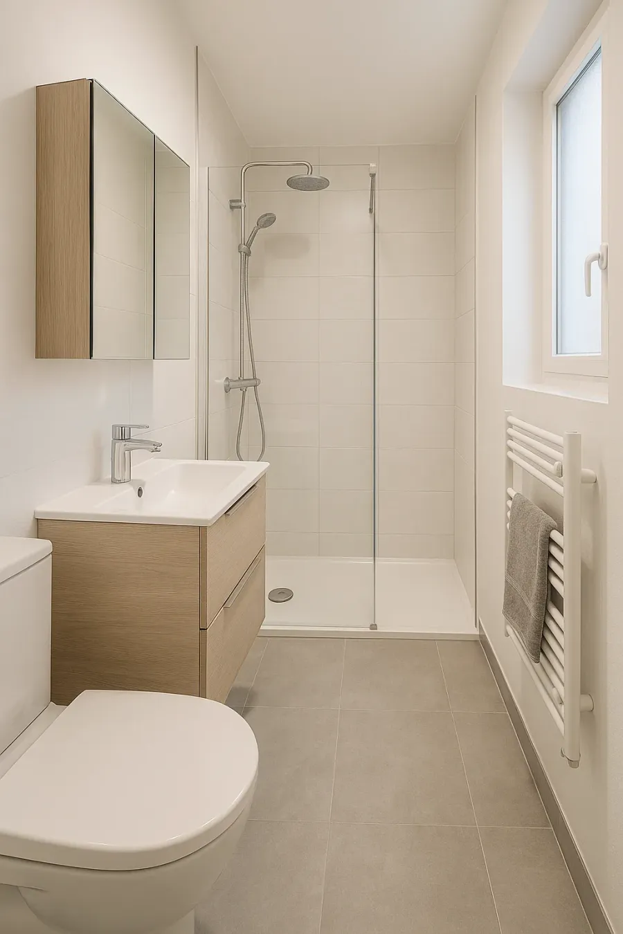 Petite salle de bain optimisée, douche en niche vitrée, meuble vasque suspendu et WC